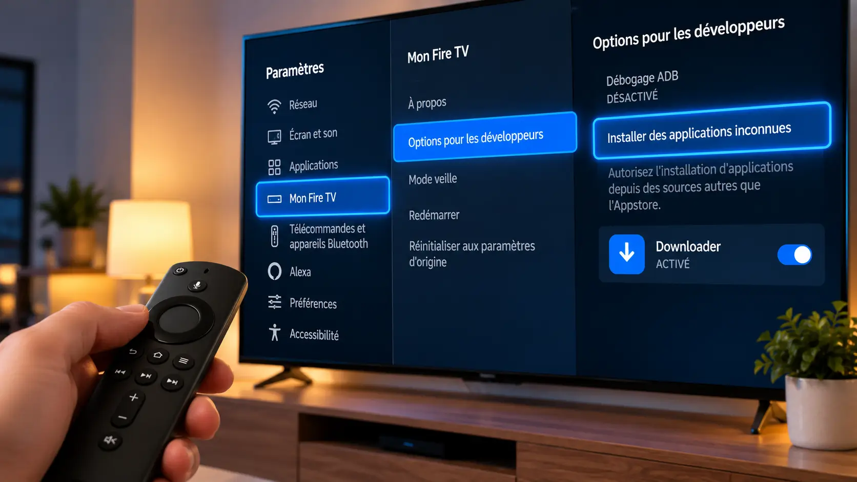 IPTV Fire TV Stick connecté à un téléviseur avec une application IPTV affichée à l’écran