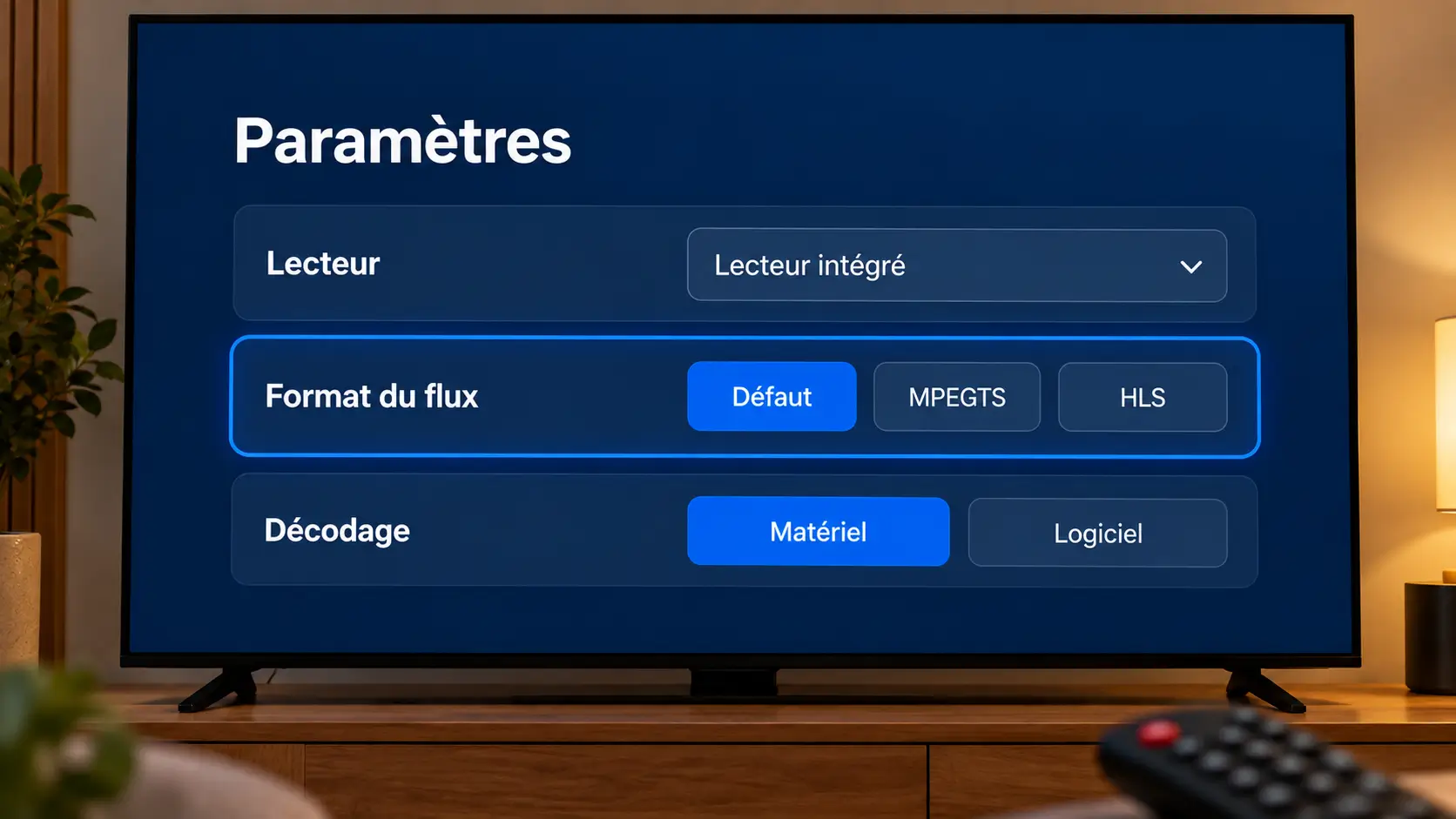 Réglages du lecteur IPTV : choix du lecteur, format de flux et mode de décodage