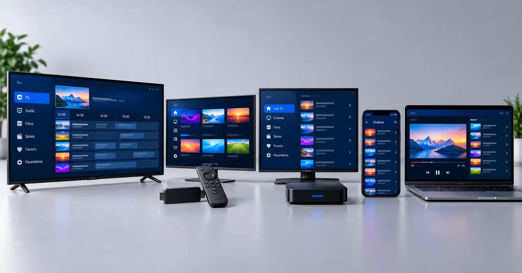 Interfaces de lecteurs IPTV sur Smart TV, Fire TV Stick, box Android, iPhone et ordinateur