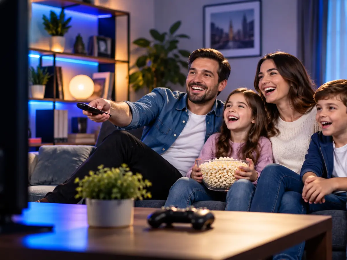 Famille profitant d’un moment de divertissement à la télévision avec un abonnement IPTV Smarters Pro