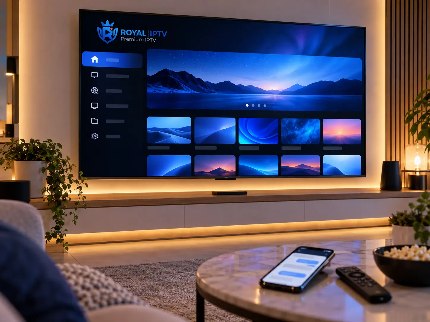 Interface IPTV Premium Royal IPTV sur un téléviseur dans un salon moderne